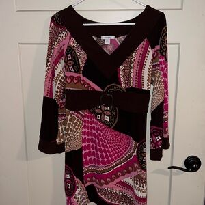 Dressbarn Brown and Pink Sheath Dress V-Neck Bell Sleeve